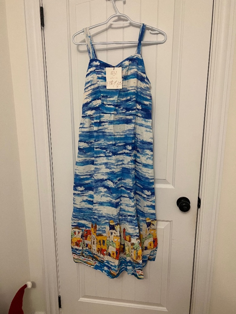 Spighe Di Lino Blue Printed Maxi Dress with Coastal Village Border - Women